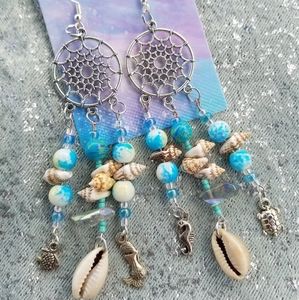 Seashell dreamcatcher crystal aura quartz earrings beaded cowrie shell d…